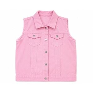 Womens Pink Denim Vest Distressed Raw Hem Button Up Jean Jacket Sleeveless Top S